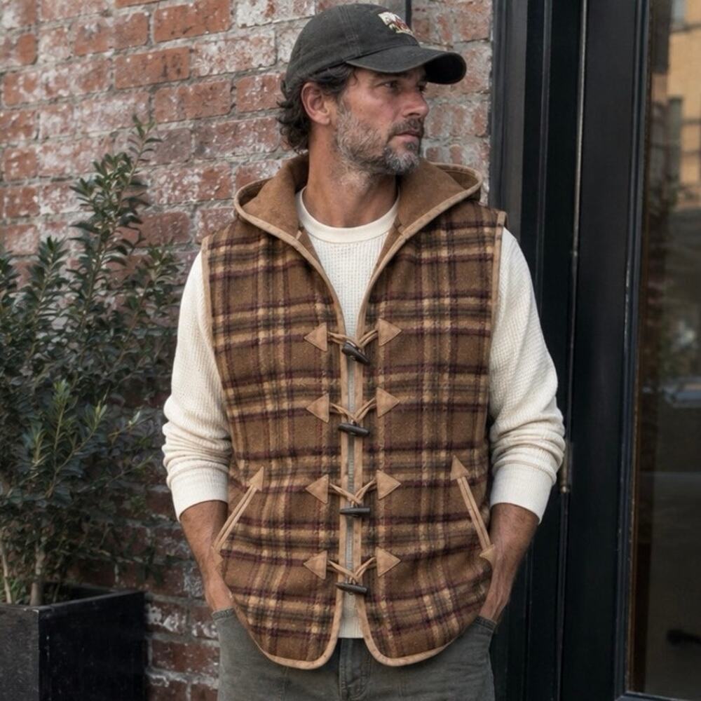 Men’s Vintage Plaid Toggle Hooded Vest Oversized Heritage Outdoorsman L/XL